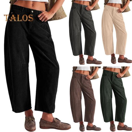 Women Corduroy Pants Elastic Waist Mid-rise Button Zipper Fly Wide Leg Casual Trousers with Pockets Solid Color Slacks