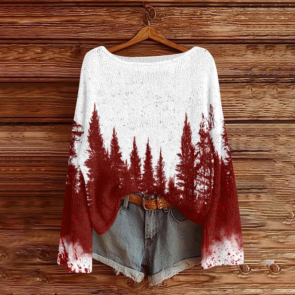 Women's Christmas Print Lightweight Sweater Long Sleeve Casual Knit Pullover Top for Holiday