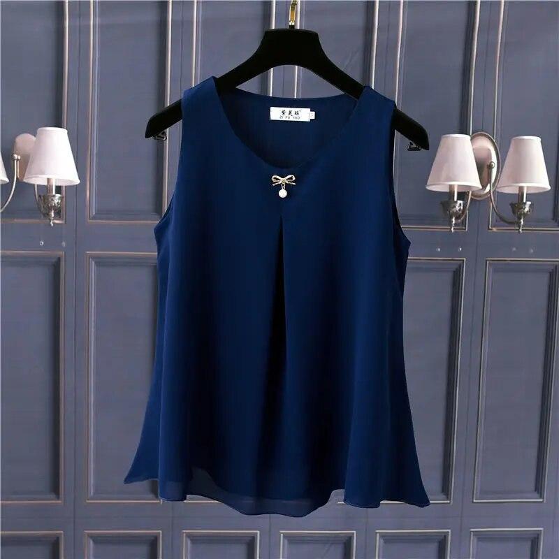 Women Chiffon Shirt Summer Sleeveless O-neck Blouse Casual Solid White/Red Loose Oversized Female Tops