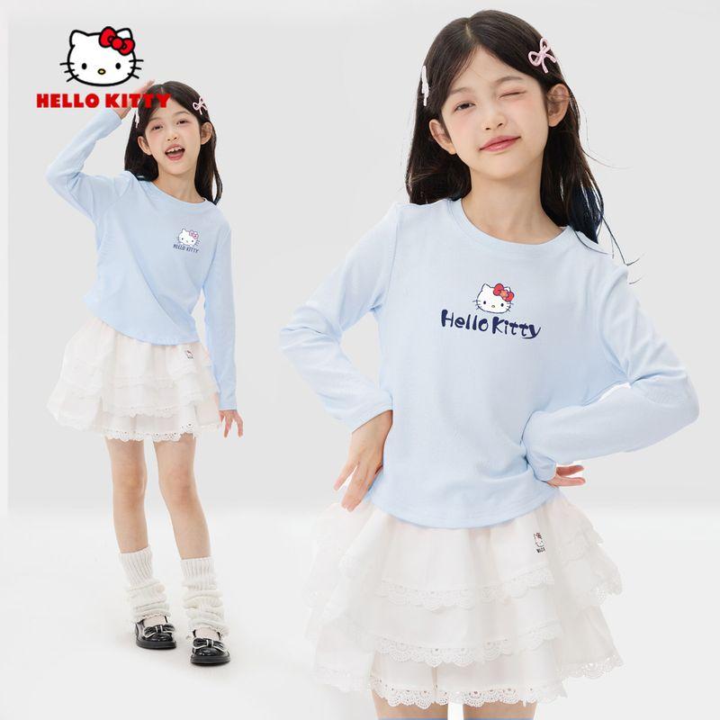 Hello Kitty Girls' Autumn Outfit Set, Stylish Children's Autumn Clothes, Long-Sleeved T-Shirt and Skirt for Older Girls, Trendy