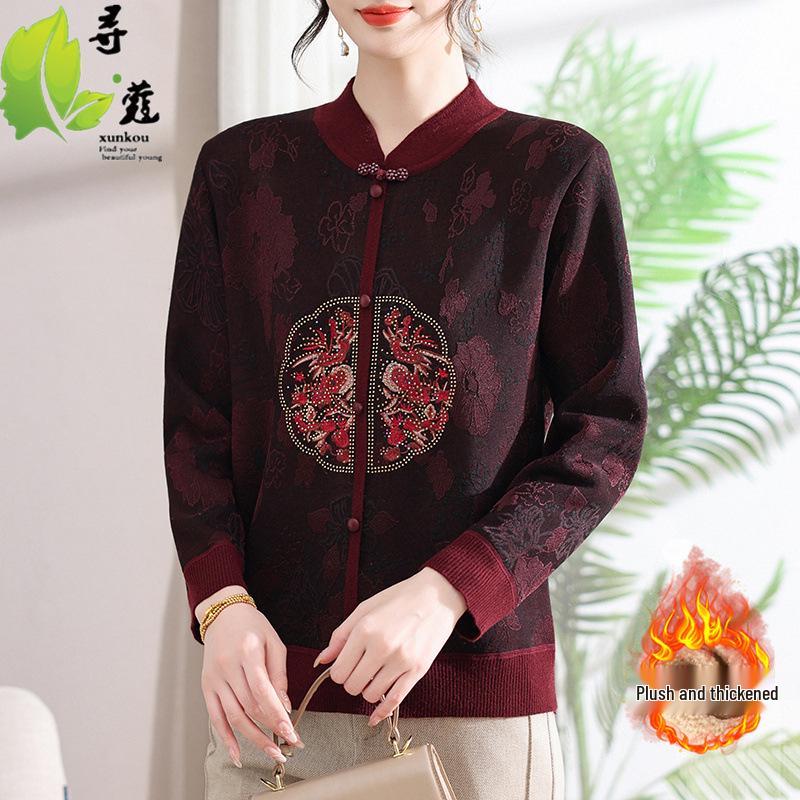 Plus-Velvet National Style Sweater for Middle-Aged and Elderly Women - Autumn/Winter Loose Fit