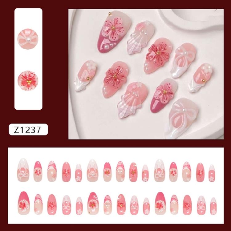 30Pcs Fashionable Press On Nail Showcasing 3D Ice Flowers And Pearls Bows For Instants Glamours