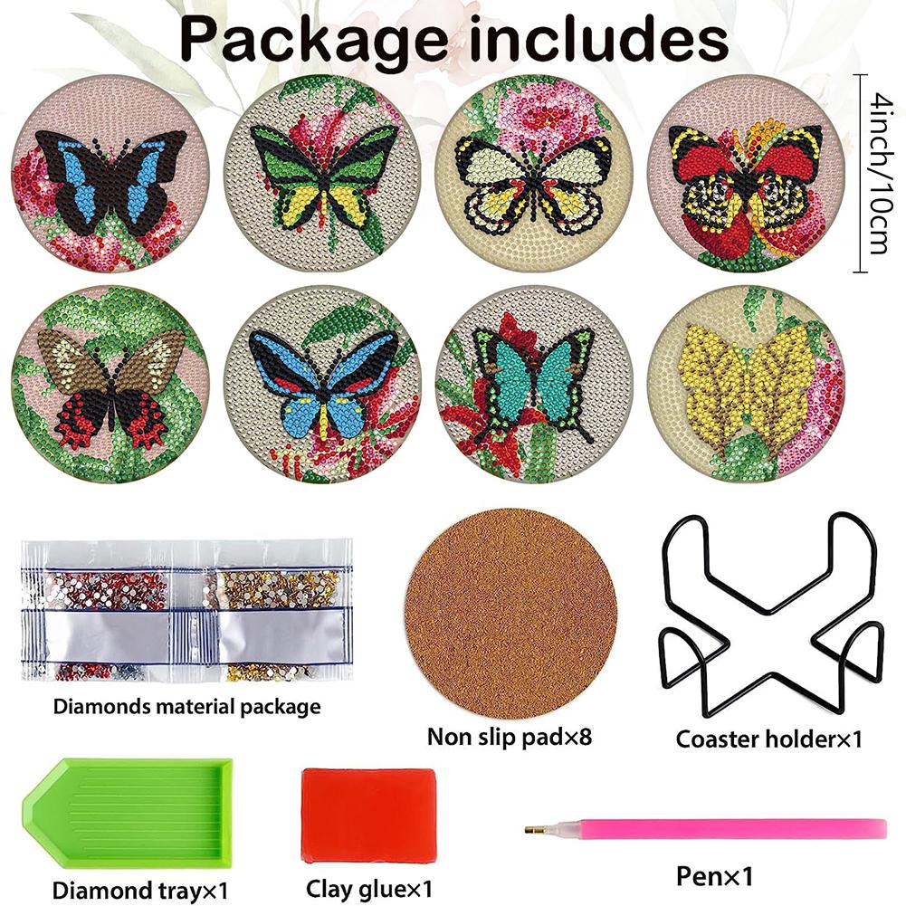 8PCS Diamond Painting Coasters Kits Dragon Acrylic Diamond Painting Art Coaster Kit Special Shape with Holder Butterfly Red Rose