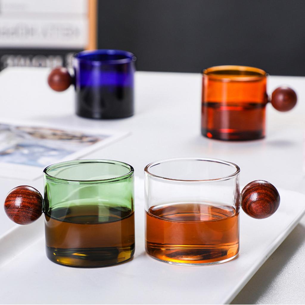 Colorful Glass Coffee Mugs With Wooden Ball Handle Multi-Purpose Espressos Hand Blown Drinking Tea Cup For Home 120/200ml