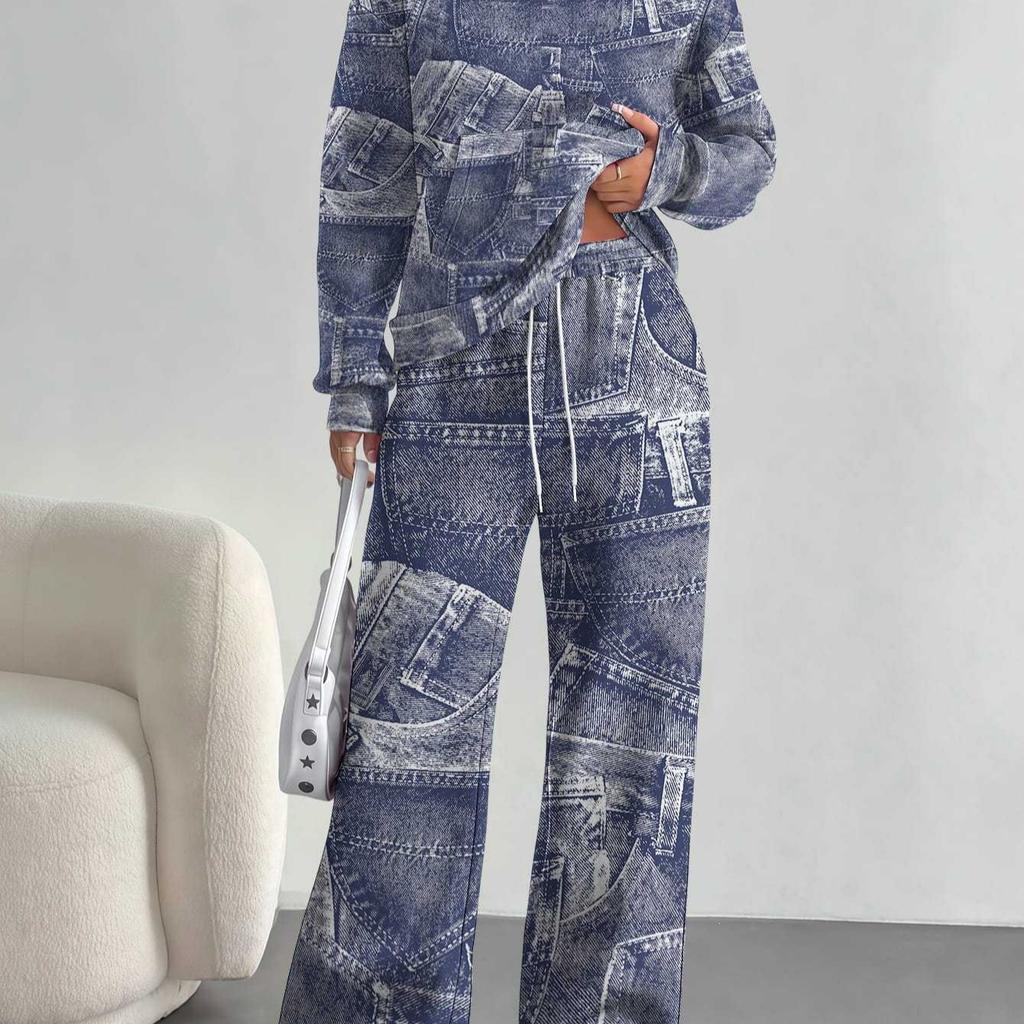 Flame splicing European and American autumn and winter casual long-sleeved suit women's hooded sweater trousers two-piece set