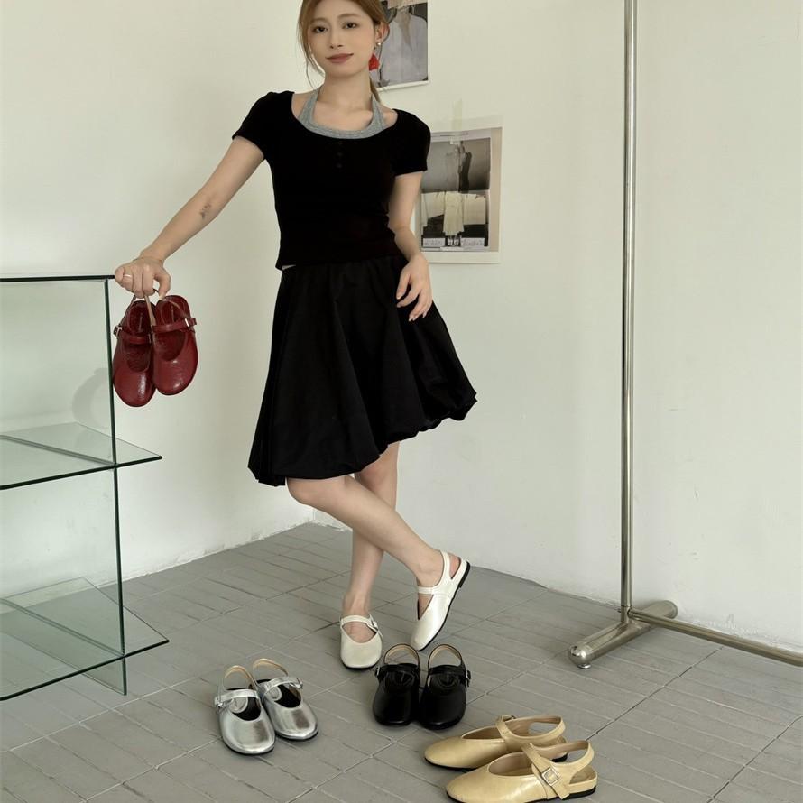 Spot~ Leather French Round Head Row Wind One-word Button Soft Sole Shallow Mouth Mary Jane Single Shoes Women's Flat Grandma Shoes