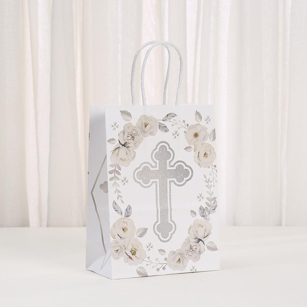 StoBag, God Bless Floral Cross Gift Tote Bags, Perfect for Baptisms, First Communion Weddings Christian Party Supplies