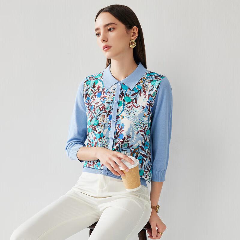 Women's Printed Mulberry Silk Blend 3/4 Sleeve Polo Knit Top