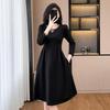 Elegant Black Plus-Size Long-Sleeved Dress for Spring and Autumn