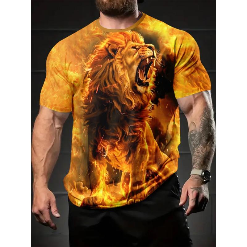 Men's Flame Lion 3D Printed T-Shirt Casual Short Sleeve Crewneck Top Cool Roaring Fire Animal King Graphic Tee Hip Hop Style Streetwear Fashion
