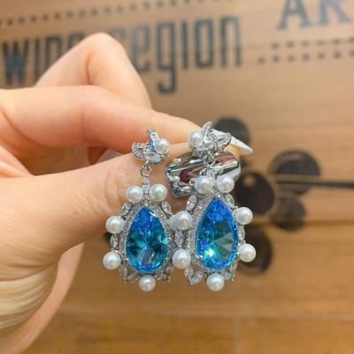 Three-Piece Set Of Zircon Pearl Earrings, Earrings, Slightly Set With Pearl Sea Blue Diamond Necklace, Colorful Treasure Ring.