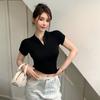 Sommer Slim Fit Knöpfe V-Ausschnitt Casual T-Shirt für Damen Mode Kurzarm Frau T-Shirts Tops Solide Elegante Einfache Büro Dame T-Shirt 24369