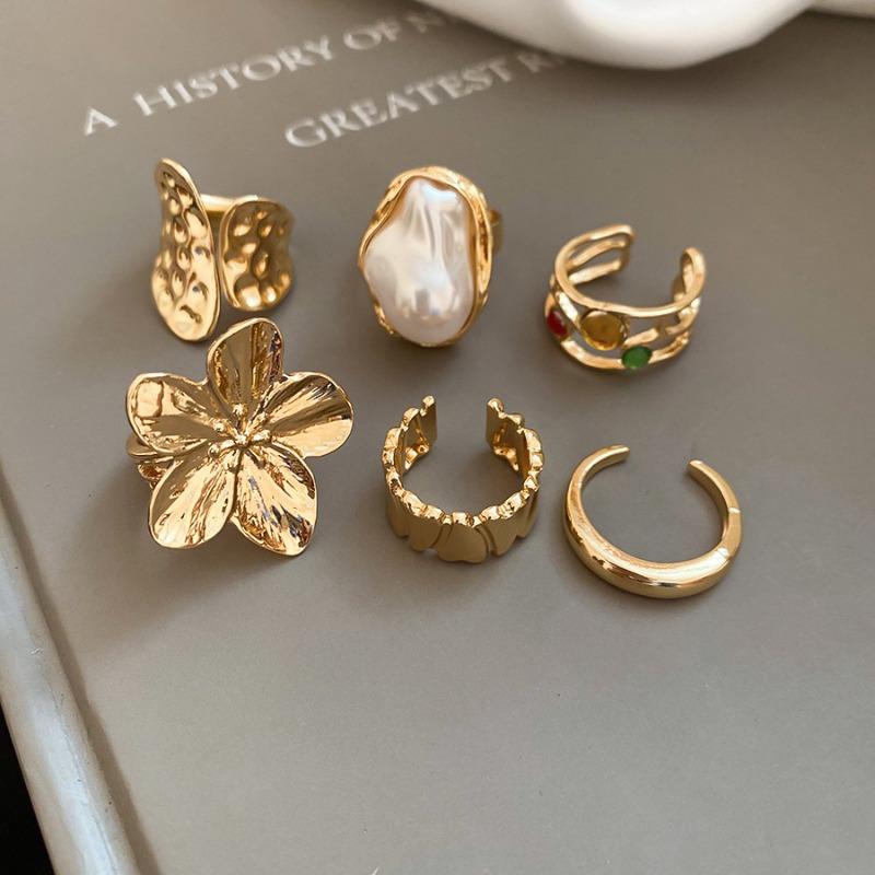 Folded flower pattern round opening ring six-piece set metal index finger ring niche design ring