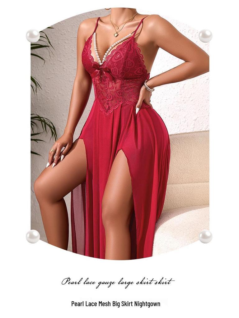 Pearl Embellished Backless Multicolor Mesh Nightgown with Side Slit - 898