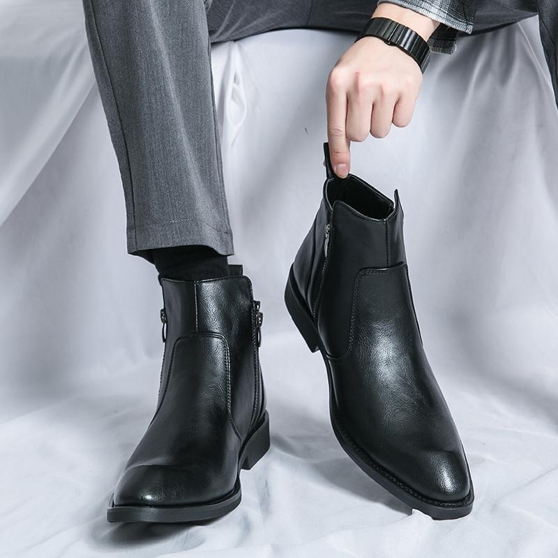 Chelsea Boots Spitz Hoher Schaft Leder Schuhe Friseur Martin Stiefel Reißverschluss Innen Erhöhend Freizeitstiefel