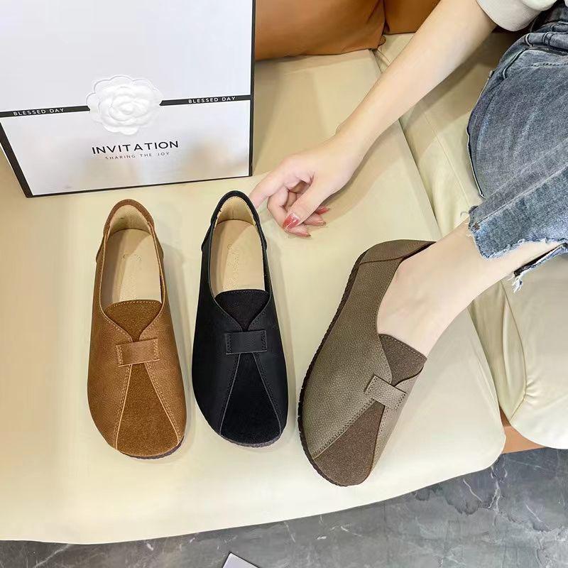 2025 Soft-Soled Flats: New Spring/Autumn Wide Leather Comfort Shoes in Black & Orange with Kitten Heels