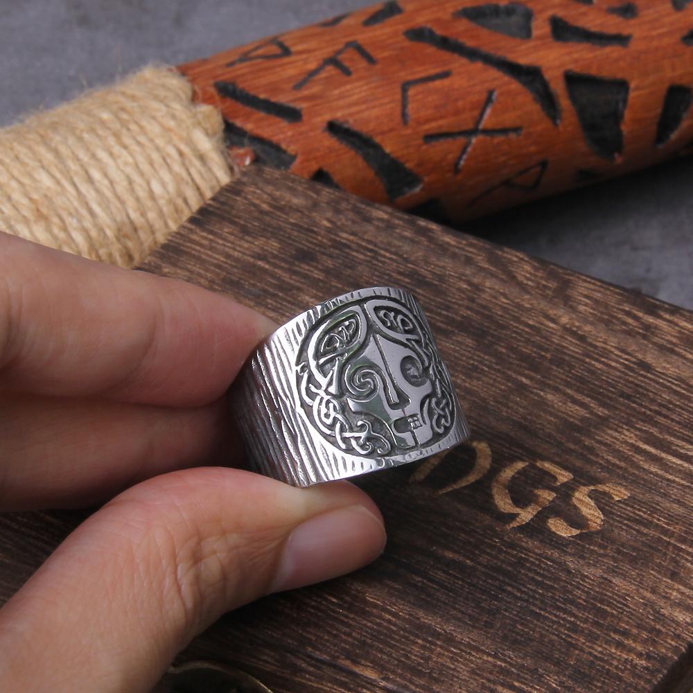Viking Hel Ring Norse Mythology Stainless Steel Band with Runes Pagan Jewelry Gift in Wooden Box