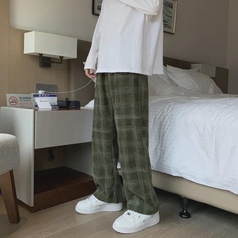 Herren Kord Plaid Lässige Weitbein Hose - Hong Kong Stil, Trendy, Locker sitzend, Gerade Bein Hose