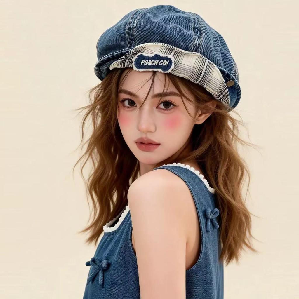 Double Brim Cornice Denim Beret Children Spring And Autumn Casual Versatile Cloud Painter Hat Shows Small Face