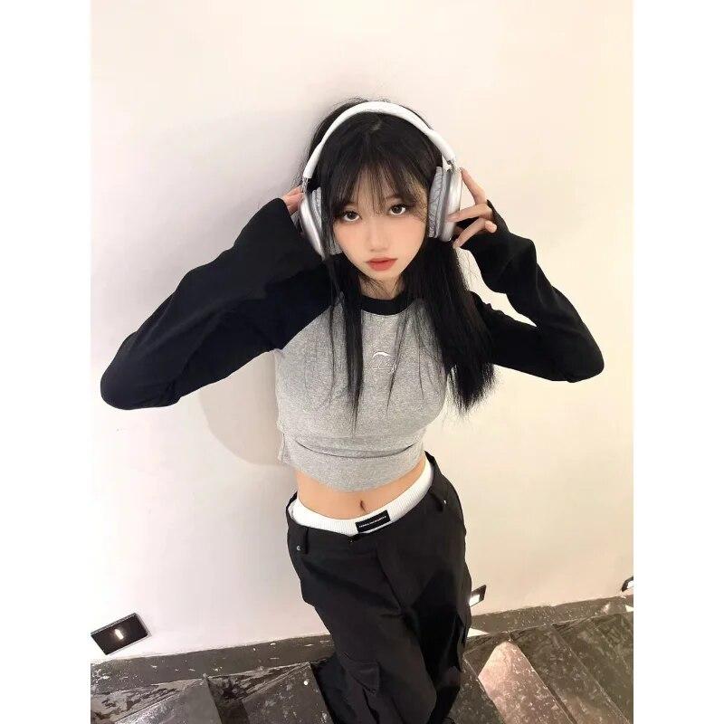 Y2k Vintage krótki top z długim rękawem t-shirty damskie koreański moda Harajuku Kpop estetyczne koszulki z nadrukami Patchwork jesień