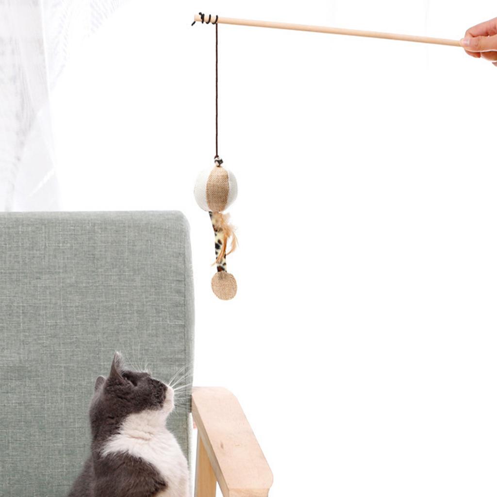 Cat Teaser Wand Wooden Teaser Stick Interactive Claw Grinding Wand Toy Durable Interesting Funny Cat Stick for Indoors