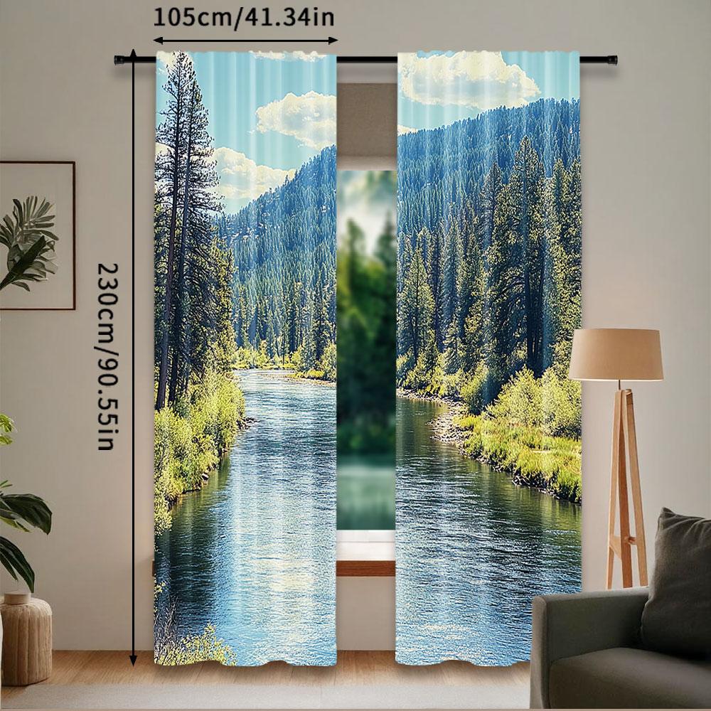 Landscape Curtains Scenic Mountain Pine Trees Flowing River Foliage Daytime Nature View Bedroom Living Room Set Of 2 Made Polyester Area Decor