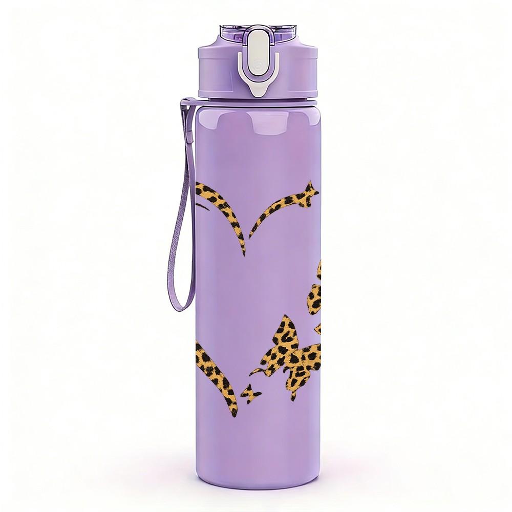1PC Leopard Print Outline Heart 750ml Color Plastic Sports Water Bottle Leakproof Flip Straw Lid Suitable for Sports Office Home Use