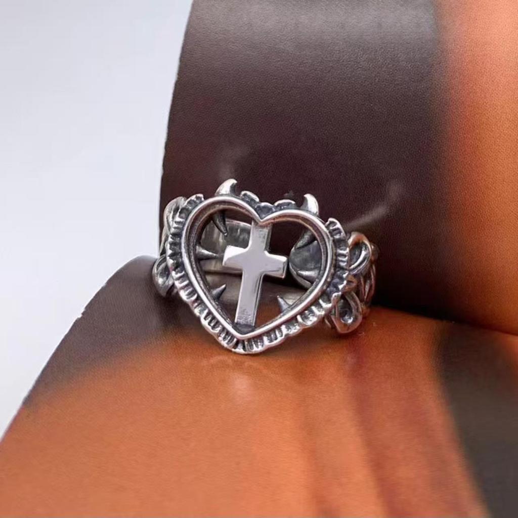 New Abbey Cross Love Ring Gothic Style Retro Niche Dyed Black European and American Style Ring