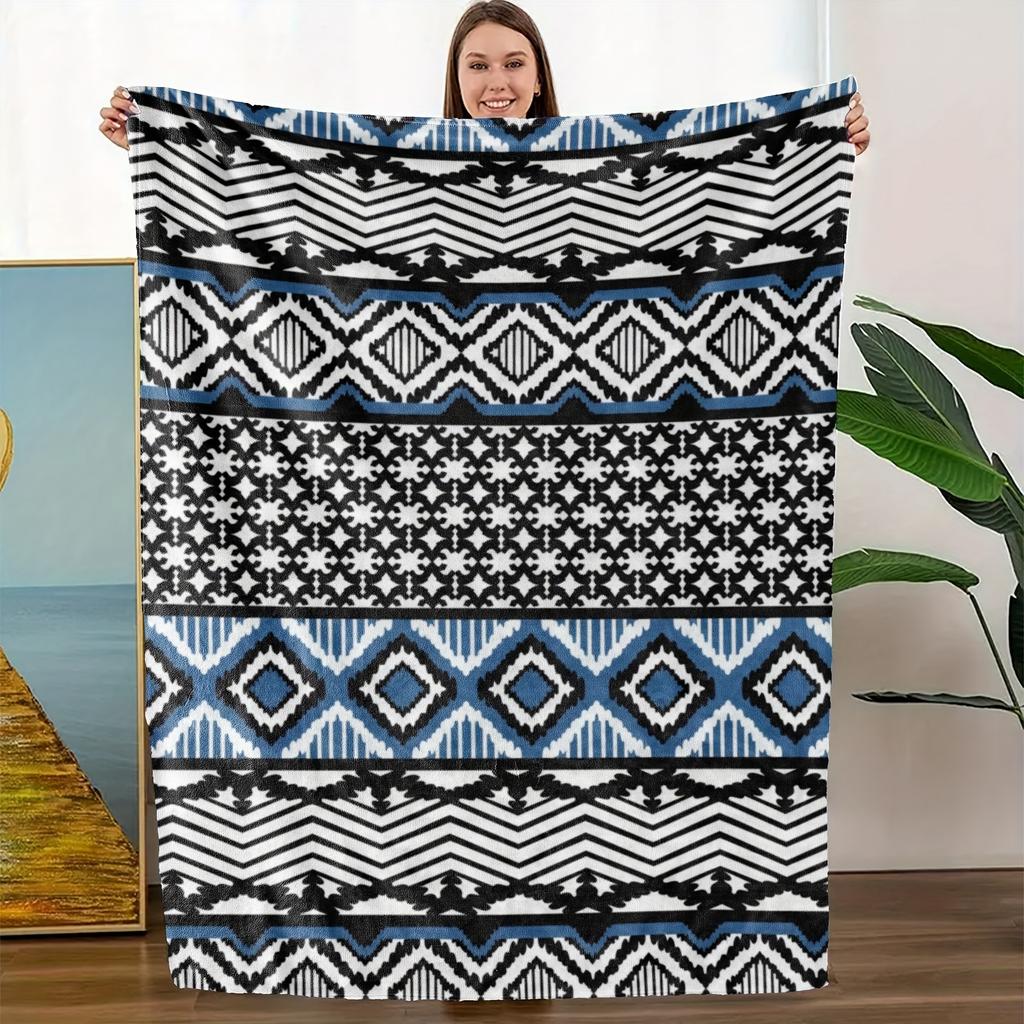Bohemian Aztec Geometric Fleece Blanket - Soft Breathable Polyester, High-Definition Digital Print, All-Season Machine Wash