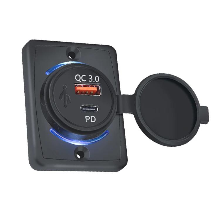 

Панель для поверхностного монтажа типа C PD QC3.0 Автомобильная розетка для зарядного устройства с крышкой Двойной порт 12 В/24 В Быстрое зарядное устройство для автомобилей, автобусов, лодок синий