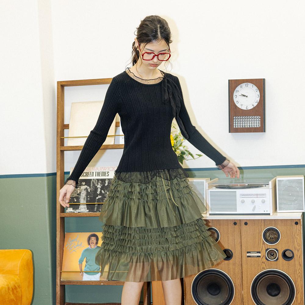 Deondeulob Dd_Flowy Mesh Layered Skirt_Khaki