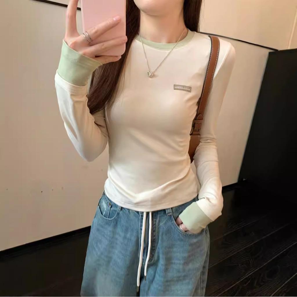 Apricot Chic Fake Two-piece Bottoming Shirt Women's Spring Slim and Thin Contrasting Color Splicing Long-sleeved T-shirt Top