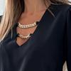 Women Blouse Hollow Out Chain V Neck Polyester Long Sleeve Solid Color Blouse Top Shirt  2XL Women's Clothing