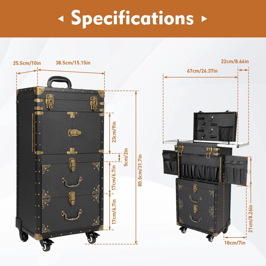 Black Vintage Style Tie Bar Hairdressing Case - 3 Layer Multi Functional Rolling Beauty Tool Storage Box with Wheels for Salon