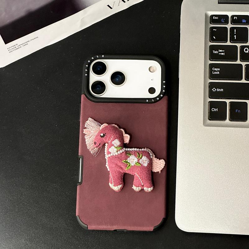 3D Cartoon Embroidered Horse Phone Case for Apple 17 Pro/16 with Silk Screen Large Hole Design