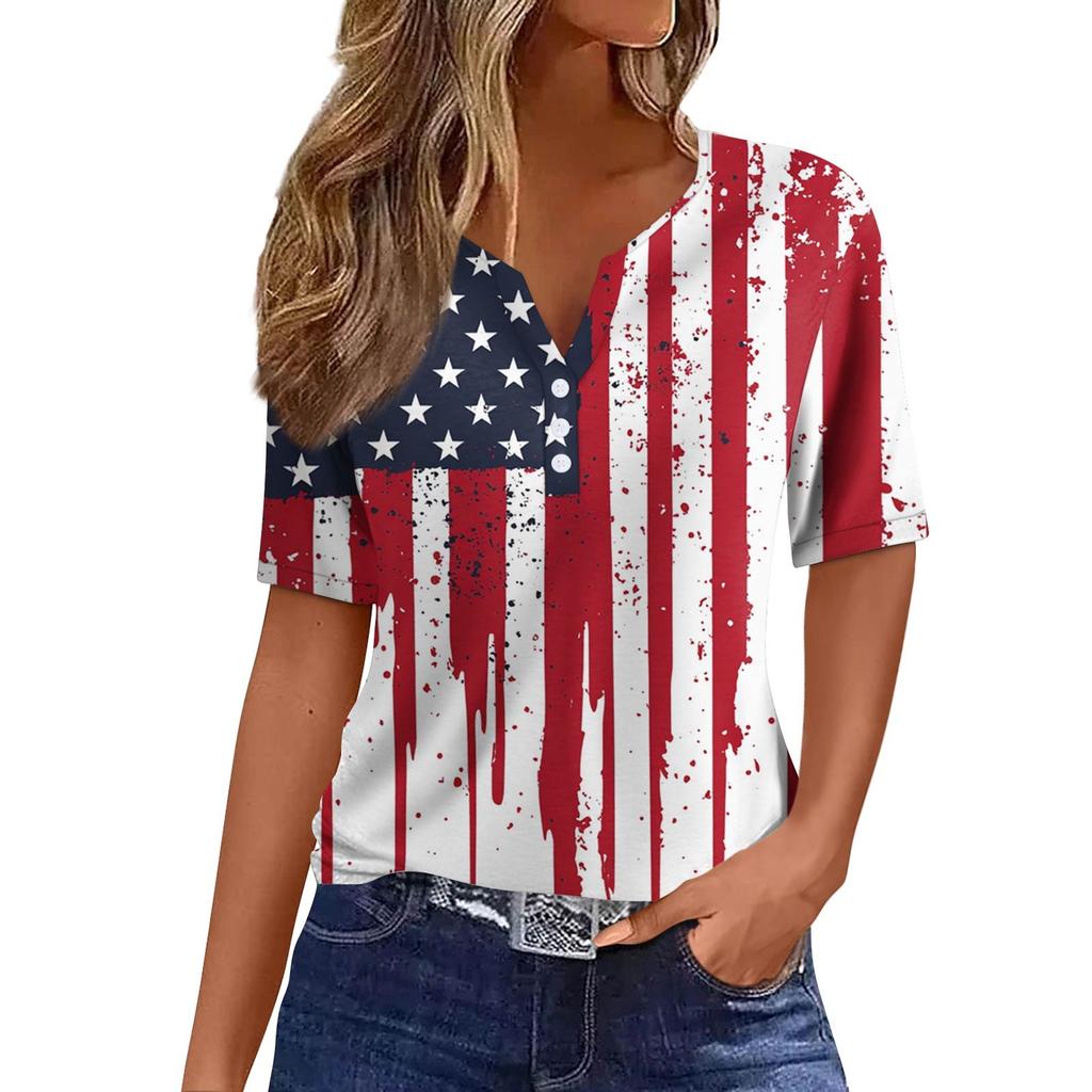 Women's Fashion Casual Independence Day Printed V-Neck Short Sleeve Button Top