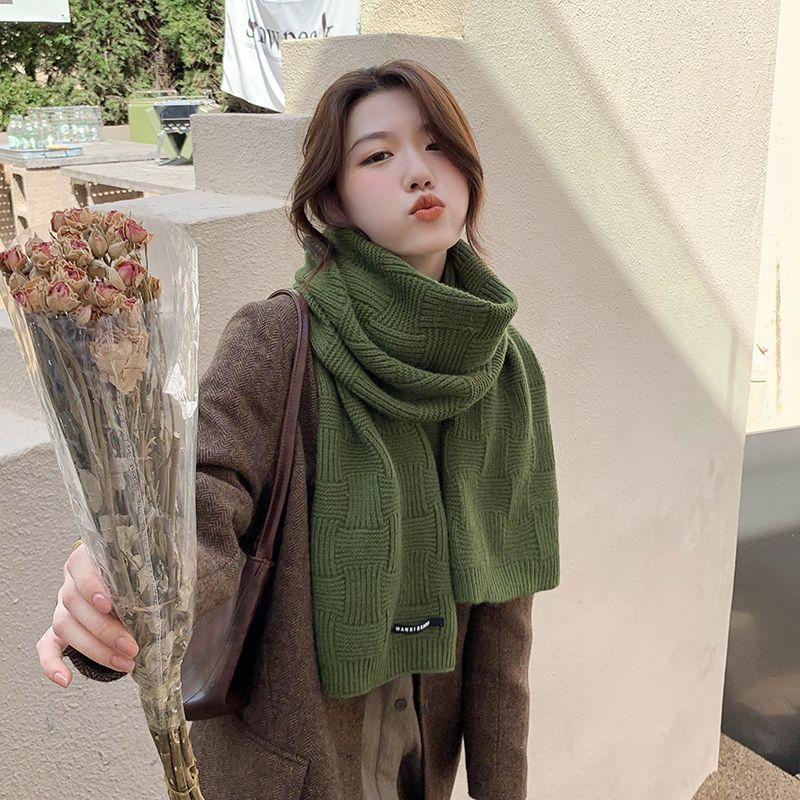Striped Versatile Solid Color Wool Scarf Women's Japanese-Style Autumn & Winter Thickened Warm Knitted Long Neck Warmer