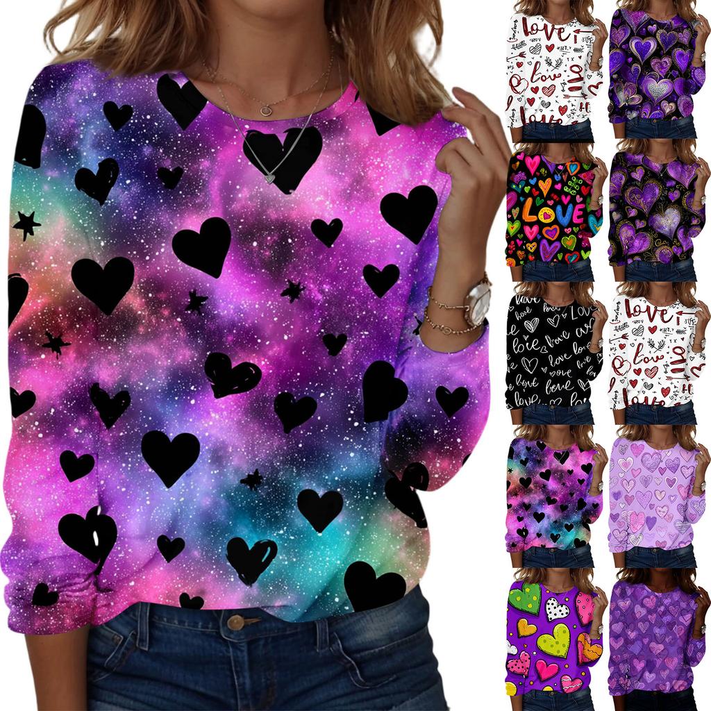 Women's Heart,shaped Printed Round,neck Loose Long,sleeved Top