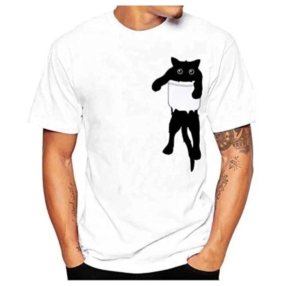 Cat Men Cotton T-Shirt Shy Kitten Cartoon Pattern Print Summer Round Neck Breathable Casual Short Sleeve Fashion T-Shirt