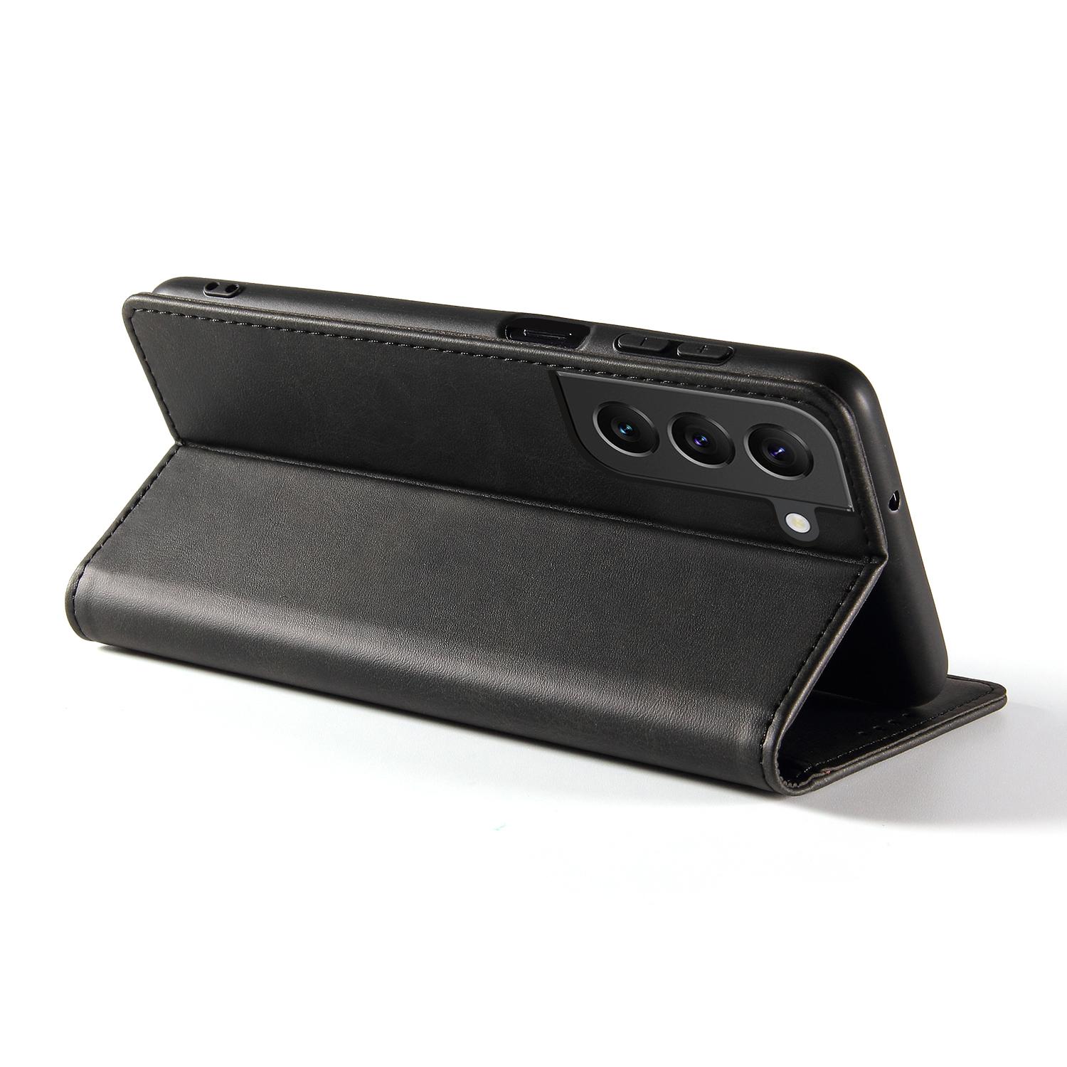 

For Samsung Galaxy S23+ Wallet Case WANLONFENG NW1 Series Magnetic Closure Calf Texture Leather Phone Cover Black