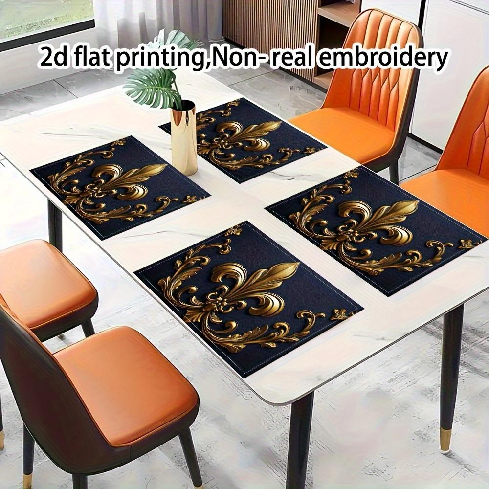 of 4, Elegant Floral Design Placemats in Golden And Dark Blue, Perfect for Dining Tables, Kitchens, Parties, And Festive Occasions, Measuring 12 by 18
