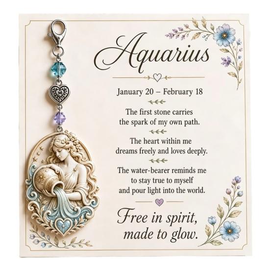 Zodiac Sign Keychain 12 with Keepsake Card, Star Pendant, Backpack Handbag Purse Charm, Inspirational Gift for Men Women Charm