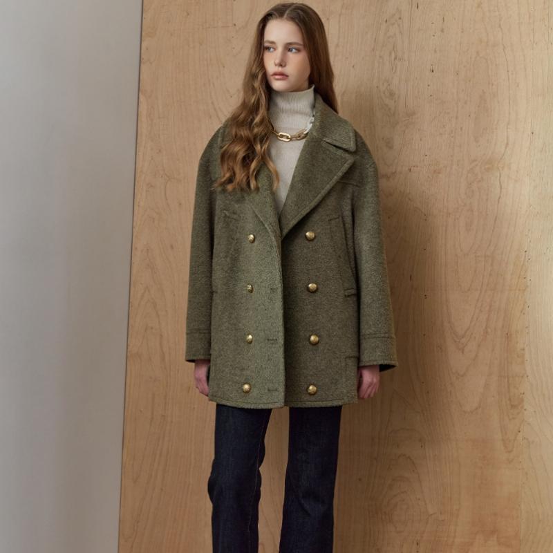 Maxza Wide Collar Bijo Decoration Double Half Coat Khaki 