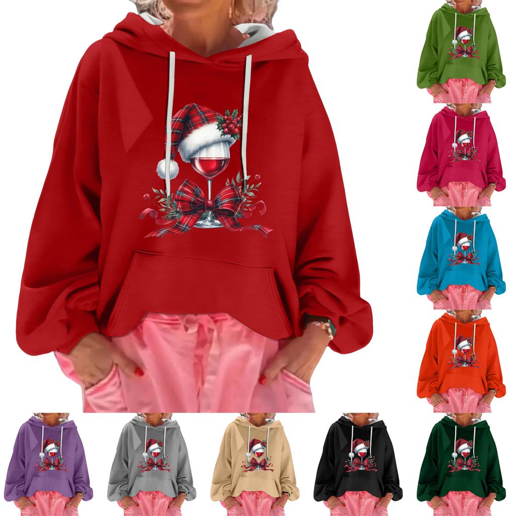 Women's Christmas Print Loose Casual Long Sleeve Hooded Sweatshirt