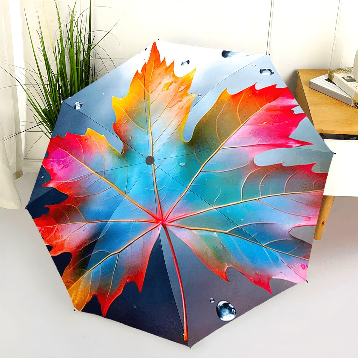 

Automatic Folding Umbrella A colorful maple leaf with water droplets. Portable collapsible design, casual outdoor accessory, C (as the picture,Iron&8K)