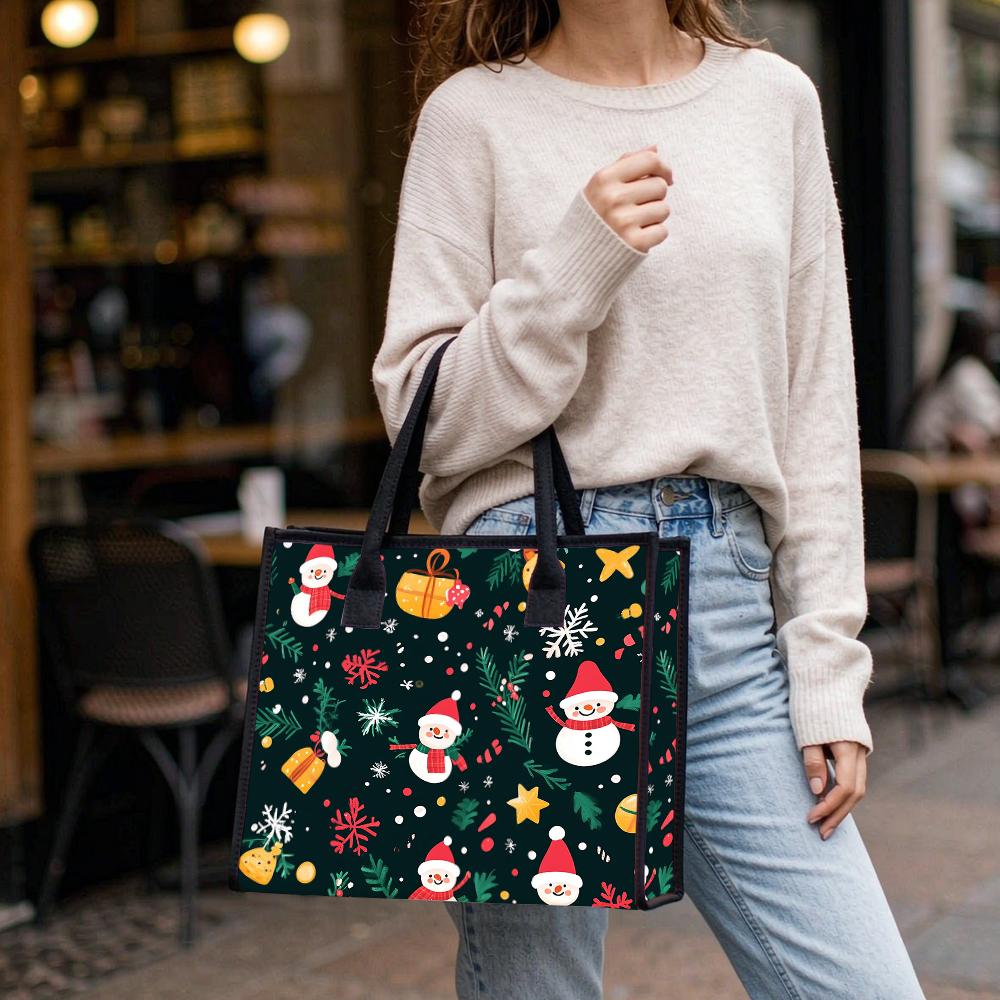 Christmas Snowman Printed Portable Tote Bag Cute Fashion Shoulder Handbag for Daily Use