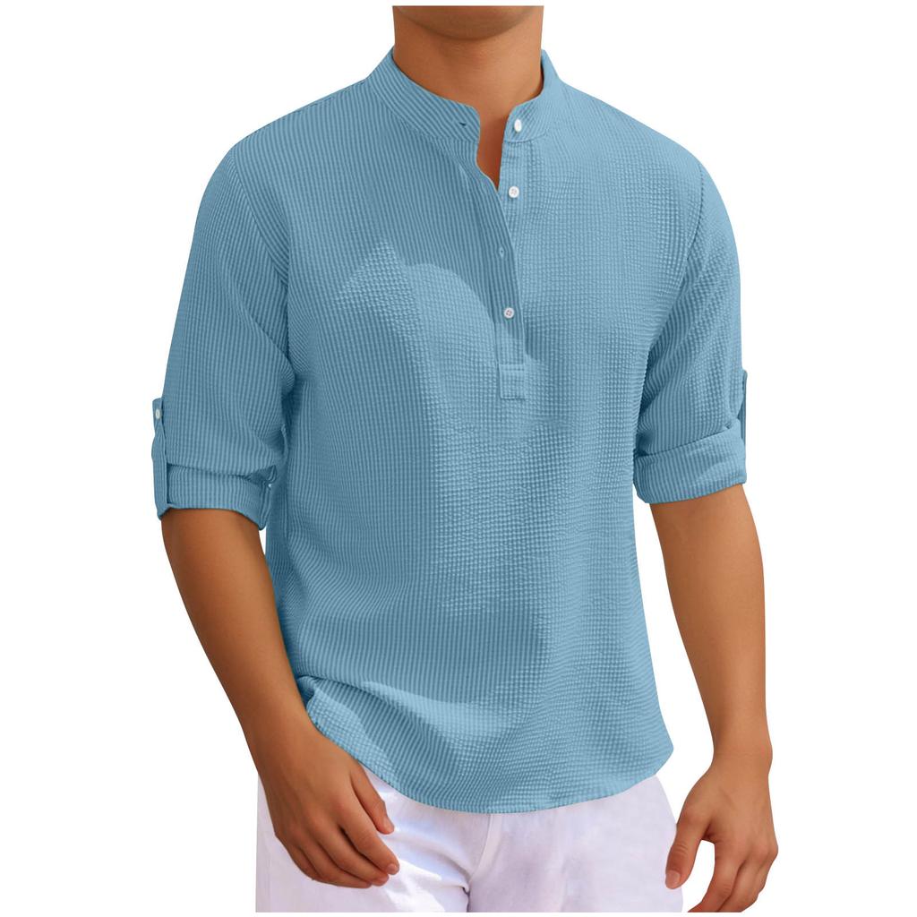 New four-season men's shirt long-sleeved stand-up collar open button shirt men's casual shirt top
