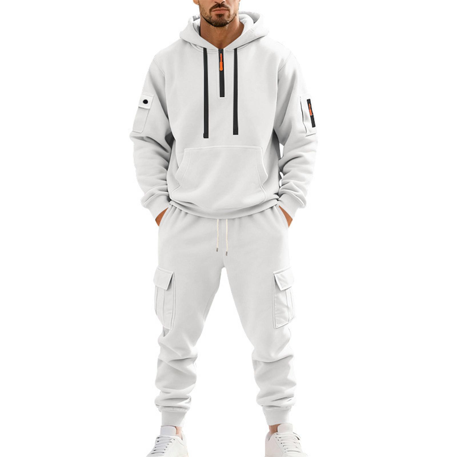 

Men s Winter Fleece Multi-pocket Zipper Sweatshirt Suit Personalized Casual Hoodie Suit L белый