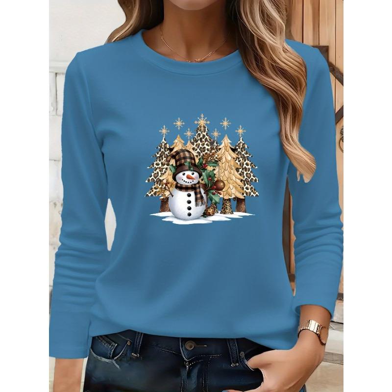Christmas women's round neck long sleeves - Christmas snowman leopard print Christmas tree print, loose fit, machine washable