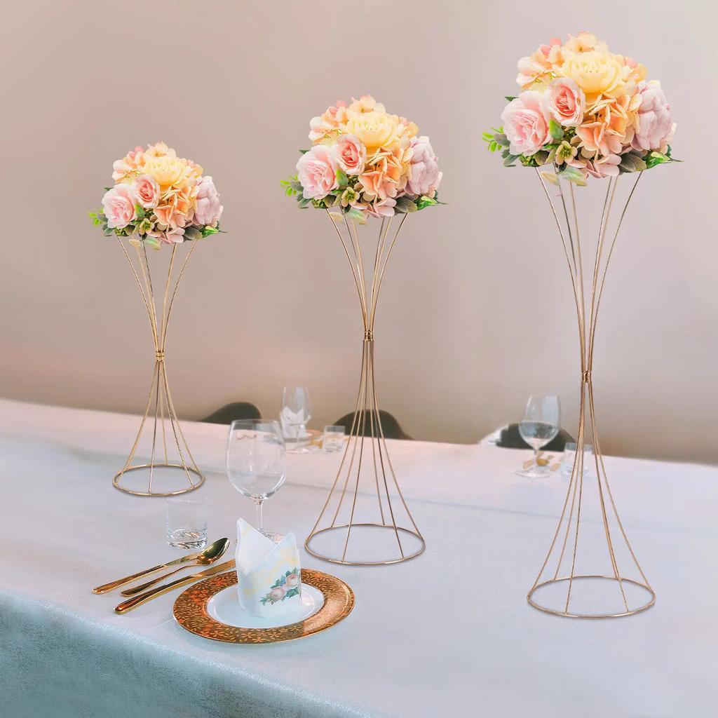 Elegant Gold Table Centerpiece Flower Stand Set of 3 - Modern Hourglass-Shaped Iron Floor Vases - Versatile Wedding Aisle Decor